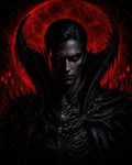 GRID THUMBNAIL — Dark fantasy portrait of a male vampire in spiked black armour with glowing red eyes, framed by a vast blood-red moon and shadowy spires.