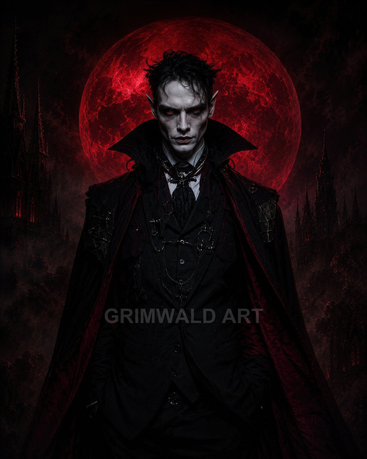 Pale male vampire in a black suit and crimson-lined high-collared cloak before a blood-red full moon and distant gothic spires, eyes glowing red.