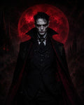 GRID THUMBNAIL — Pale male vampire in a black suit and crimson-lined high-collared cloak before a blood-red full moon and distant gothic spires, eyes glowing red.