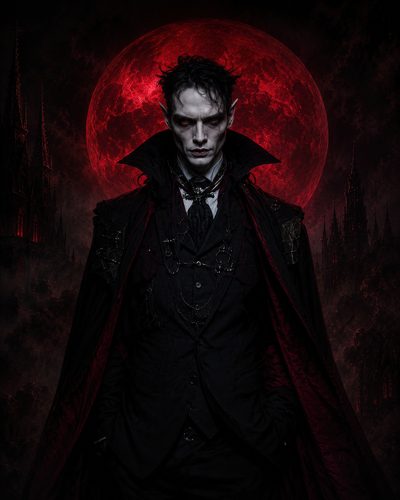 GRID THUMBNAIL — Pale male vampire in a black suit and crimson-lined high-collared cloak before a blood-red full moon and distant gothic spires, eyes glowing red.