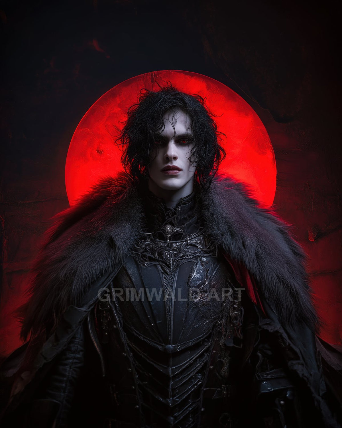 Androgynous vampire in ornate black armour and heavy fur cloak stands before a glowing red blood moon, in a dark gothic portrait.