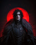 GRID THUMBNAIL — Androgynous vampire in ornate black armour and heavy fur cloak stands before a glowing red blood moon, in a dark gothic portrait.