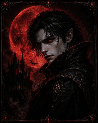 GRID THUMBNAIL — Brooding male vampire with red eyes and pointed ears in ornate black cloak before a blood-red moon, gothic castle, and flying bats.