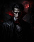 GRID THUMBNAIL — Gothic portrait of a pale male vampire in a red-collared black cloak before a spired castle and blood-red moon, eyes glowing menacingly.