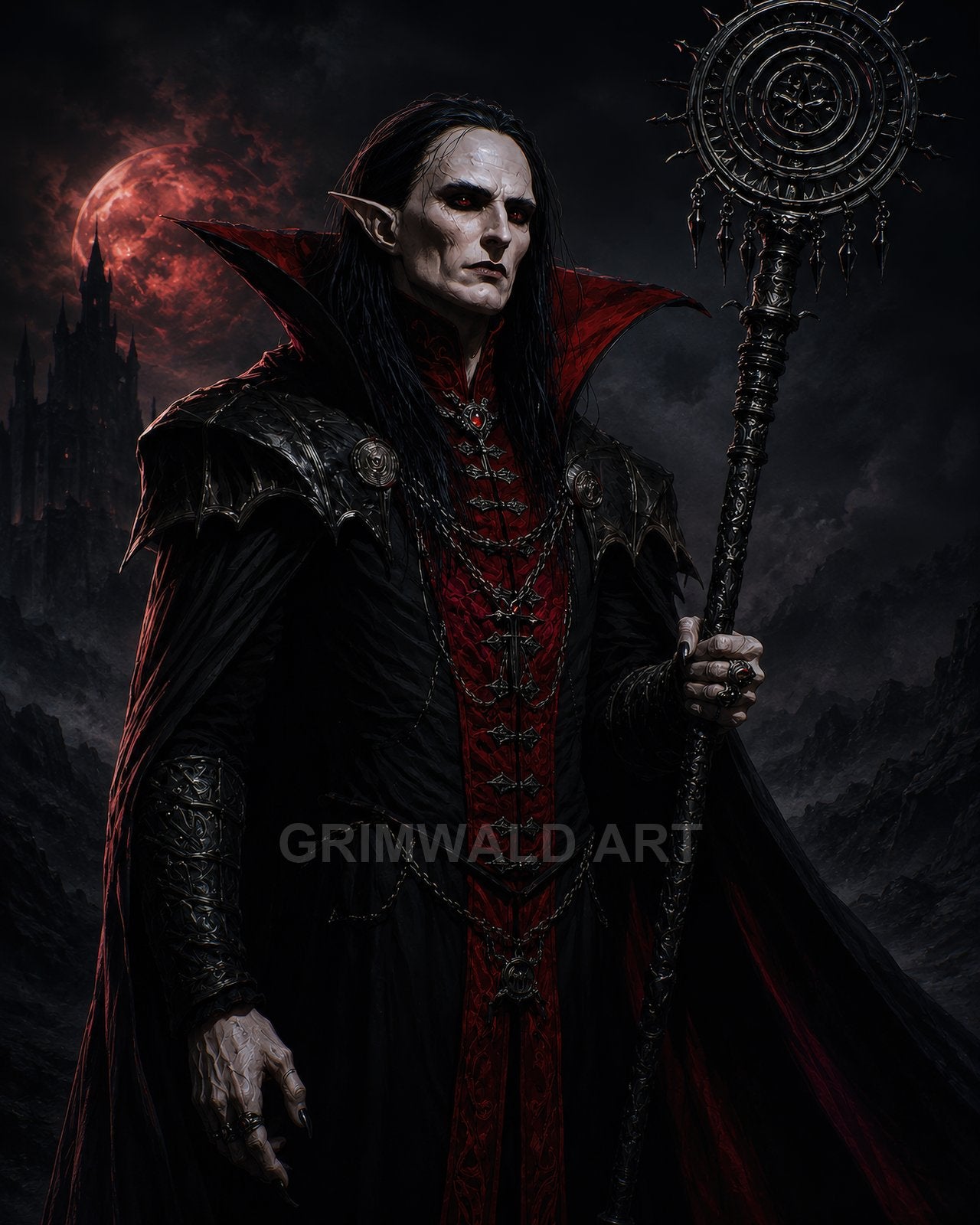 A pale vampire sorcerer in black and scarlet robes holds an ornate spiked staff beneath a blood-red moon, with distant gothic castle.