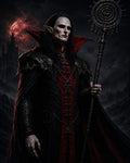 GRID THUMBNAIL — A pale vampire sorcerer in black and scarlet robes holds an ornate spiked staff beneath a blood-red moon, with distant gothic castle.