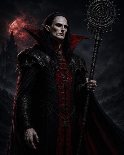 GRID THUMBNAIL — A pale vampire sorcerer in black and scarlet robes holds an ornate spiked staff beneath a blood-red moon, with distant gothic castle.