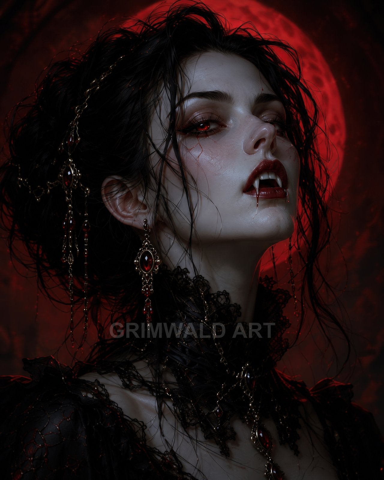 Gothic female vampire with fangs and bloodstained lips, ornate black lace and red gemstone jewellery, before a glowing red blood moon.