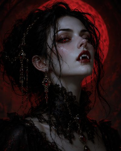 GRID THUMBNAIL — Gothic female vampire with fangs and bloodstained lips, ornate black lace and red gemstone jewellery, before a glowing red blood moon.