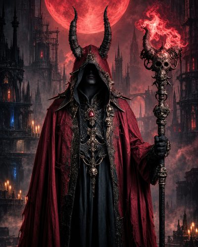 GRID THUMBNAIL — Hooded warlock in ornate red and black robes holding a flaming skull staff before gothic cathedrals under a colossal blood moon.