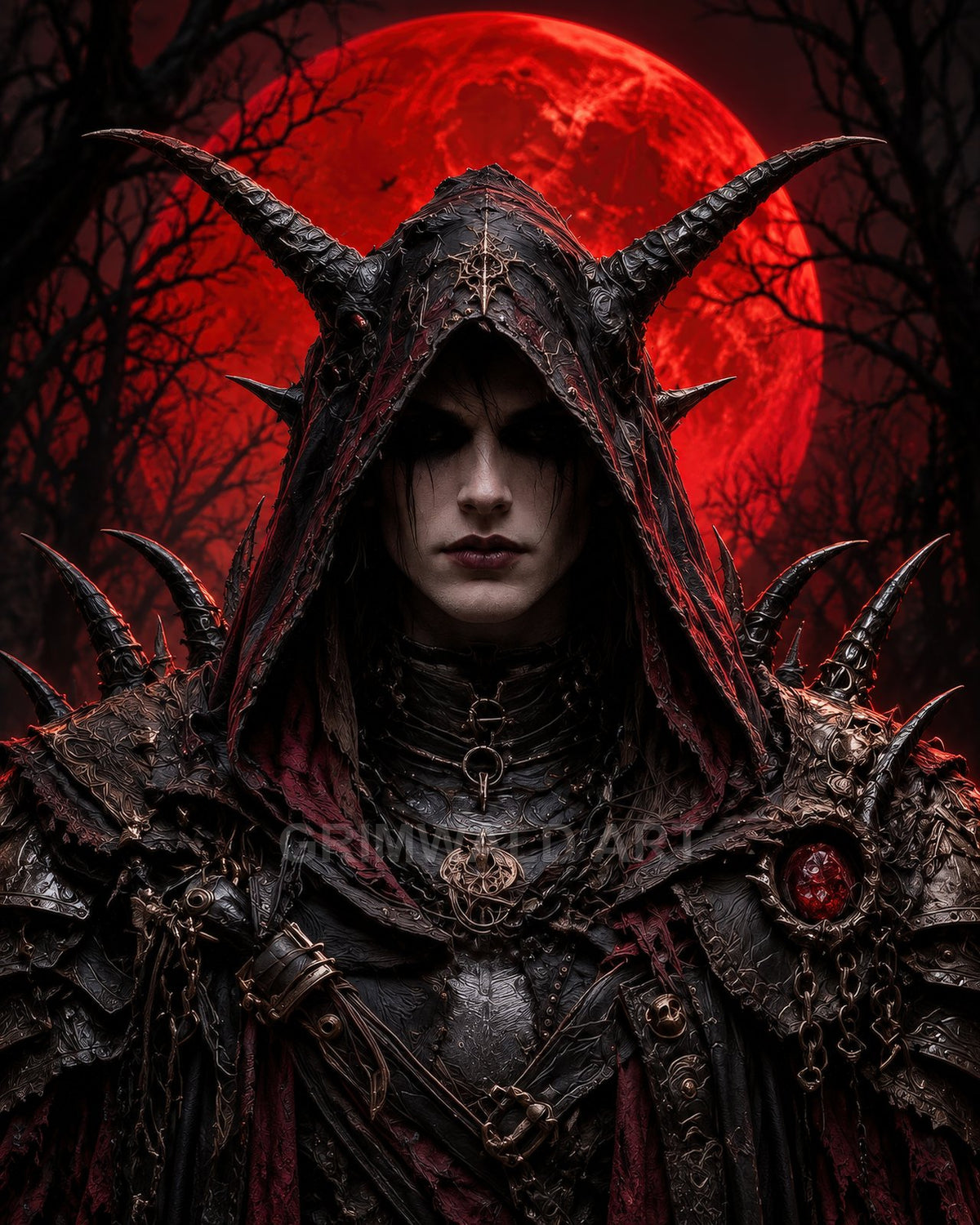 Hooded armoured warlock with spiked pauldrons and occult amulets stands before a vast blood-red moon in a barren forest at night.