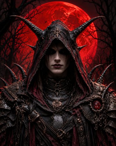 GRID THUMBNAIL — Hooded armoured warlock with spiked pauldrons and occult amulets stands before a vast blood-red moon in a barren forest at night.
