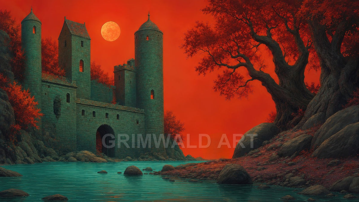 Stone castle with tall towers beside a calm teal lake under a vivid red sky and full moon, framed by gnarled trees and rocks.