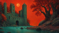 GRID THUMBNAIL — Stone castle with tall towers beside a calm teal lake under a vivid red sky and full moon, framed by gnarled trees and rocks.