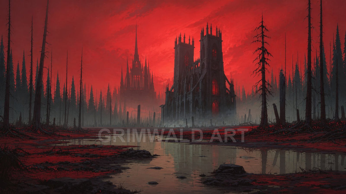 Gothic cathedral with glowing red windows rises from a foggy swamp, surrounded by dead trees beneath a blood-red sunset sky, with distant spires looming.