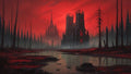GRID THUMBNAIL — Gothic cathedral with glowing red windows rises from a foggy swamp, surrounded by dead trees beneath a blood-red sunset sky, with distant spires looming.