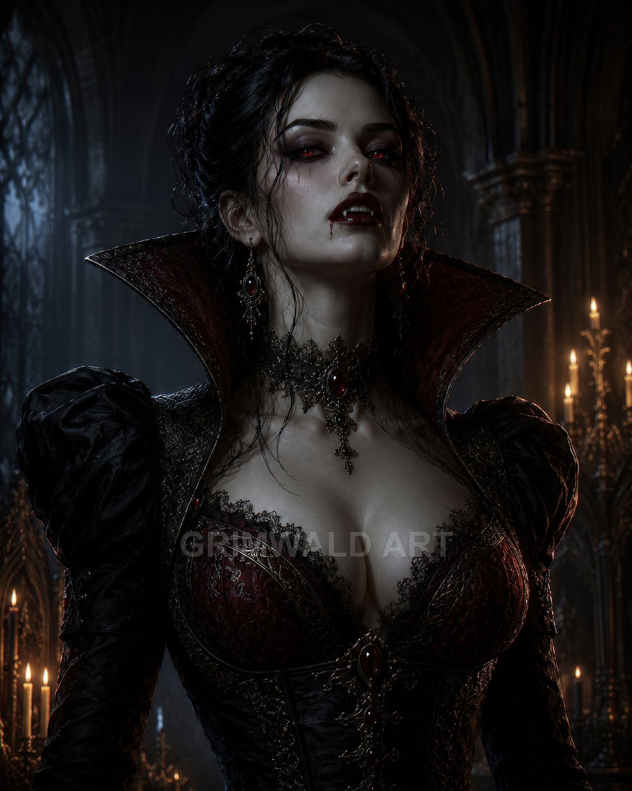 Gothic female vampire with red eyes and fangs in a dim cathedral, wearing ornate black and red corset, lace choker and ruby jewellery amid candles.