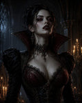 GRID THUMBNAIL — Gothic female vampire with red eyes and fangs in a dim cathedral, wearing ornate black and red corset, lace choker and ruby jewellery amid candles.