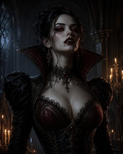 GRID THUMBNAIL — Gothic female vampire with red eyes and fangs in a dim cathedral, wearing ornate black and red corset, lace choker and ruby jewellery amid candles.