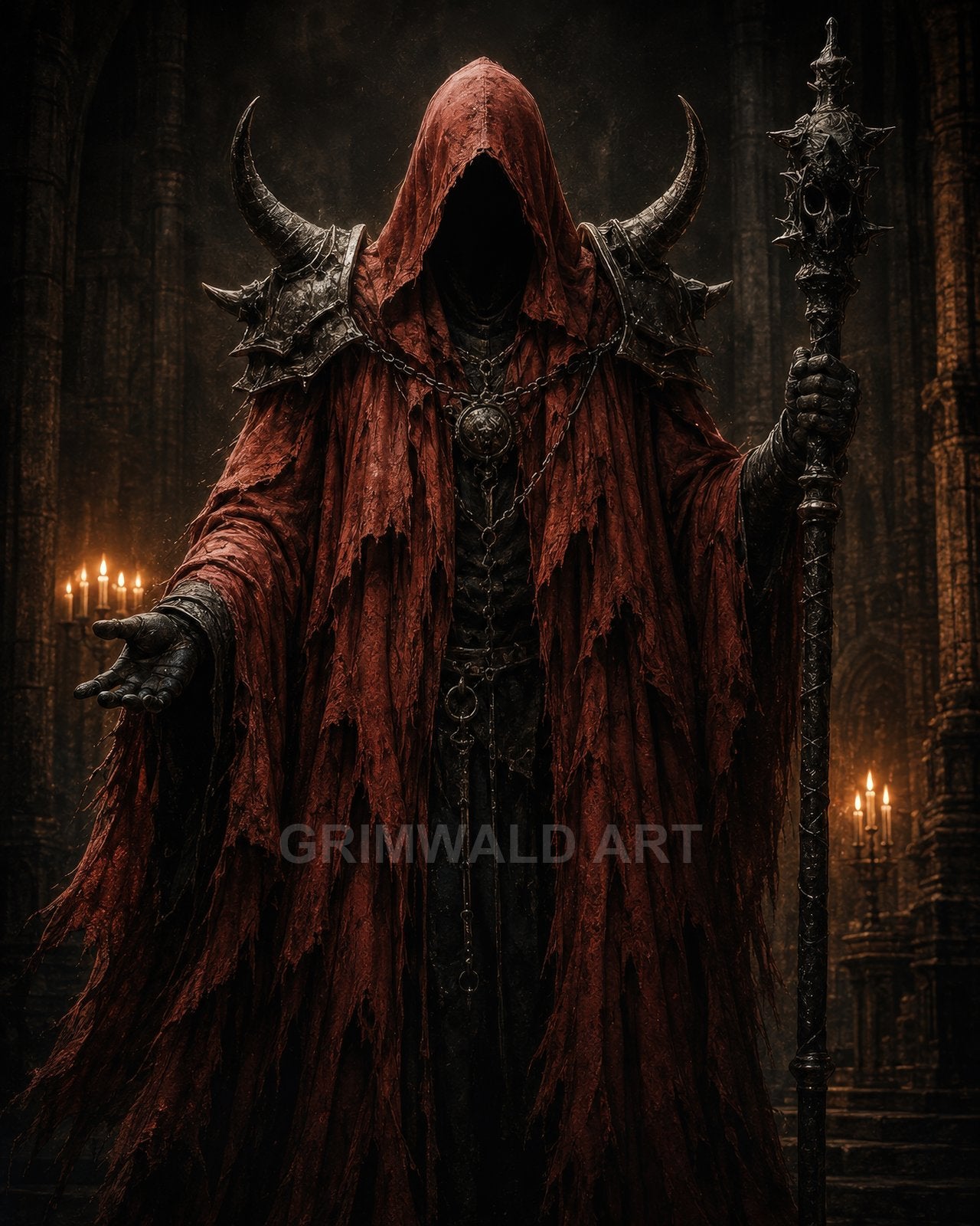 Hooded figure in tattered red robes holding a skull-topped staff, standing in a dark gothic cathedral lit by candlelight.