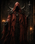 GRID THUMBNAIL — Hooded figure in tattered red robes holding a skull-topped staff, standing in a dark gothic cathedral lit by candlelight.