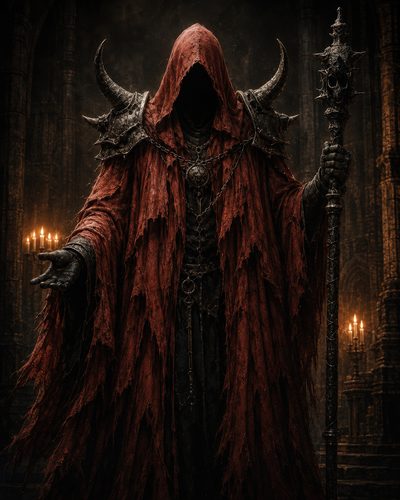 GRID THUMBNAIL — Hooded figure in tattered red robes holding a skull-topped staff, standing in a dark gothic cathedral lit by candlelight.