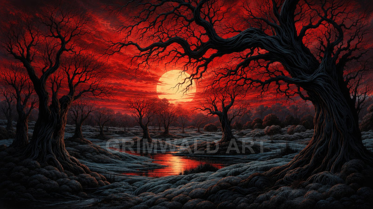A haunted swamp of twisted leafless trees under a blood-red sunset sky, with a glowing sun reflected in dark winding water.