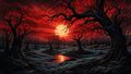 GRID THUMBNAIL — A haunted swamp of twisted leafless trees under a blood-red sunset sky, with a glowing sun reflected in dark winding water.