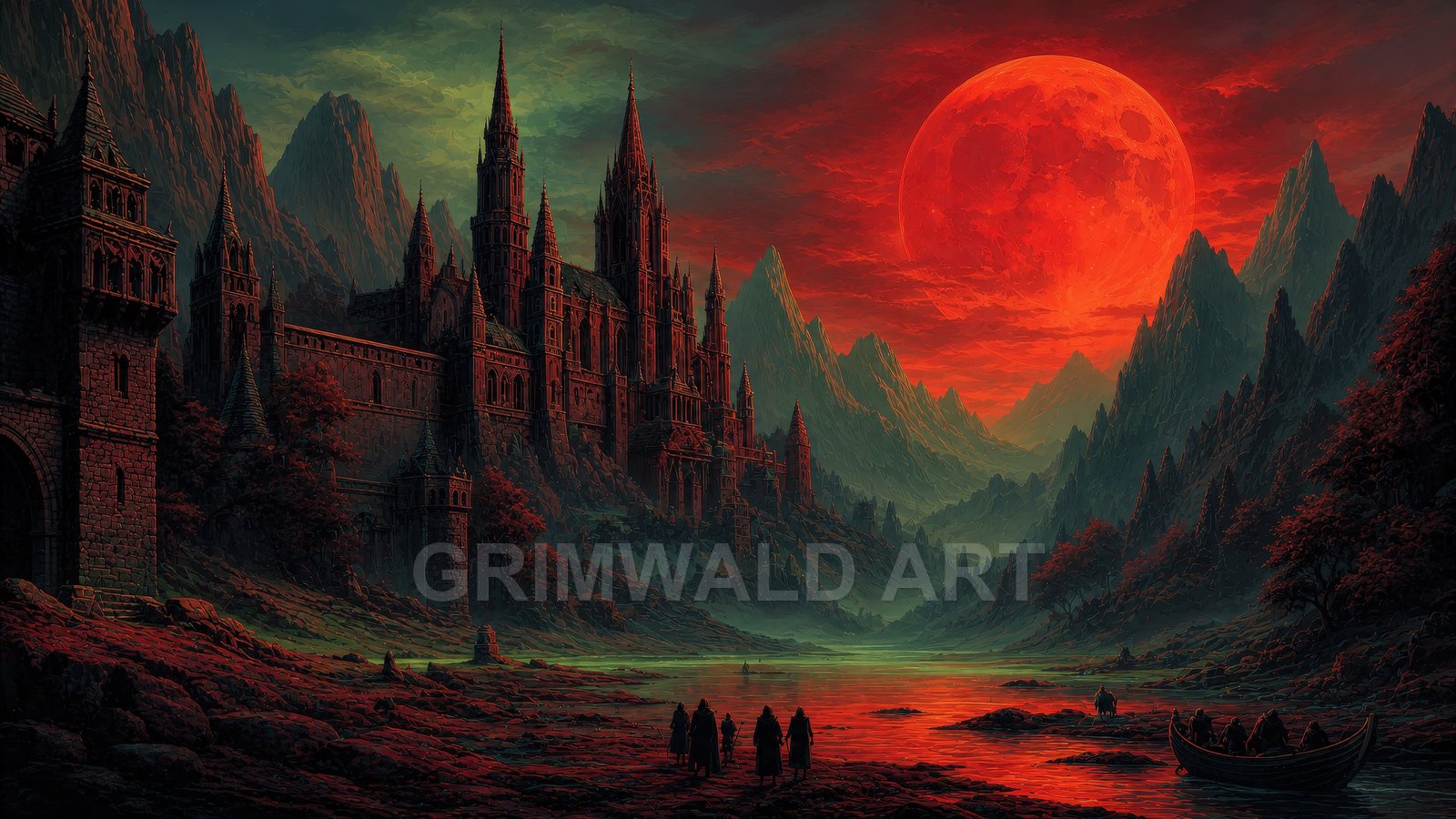 Gothic castle with towering spires in a mountain valley beneath a colossal red moon, reflecting on a moonlit river with distant figures.