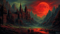 GRID THUMBNAIL — Gothic castle with towering spires in a mountain valley beneath a colossal red moon, reflecting on a moonlit river with distant figures.