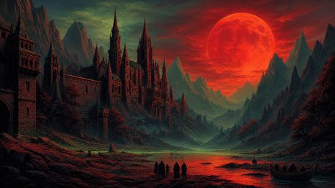 GRID THUMBNAIL — Gothic castle with towering spires in a mountain valley beneath a colossal red moon, reflecting on a moonlit river with distant figures.