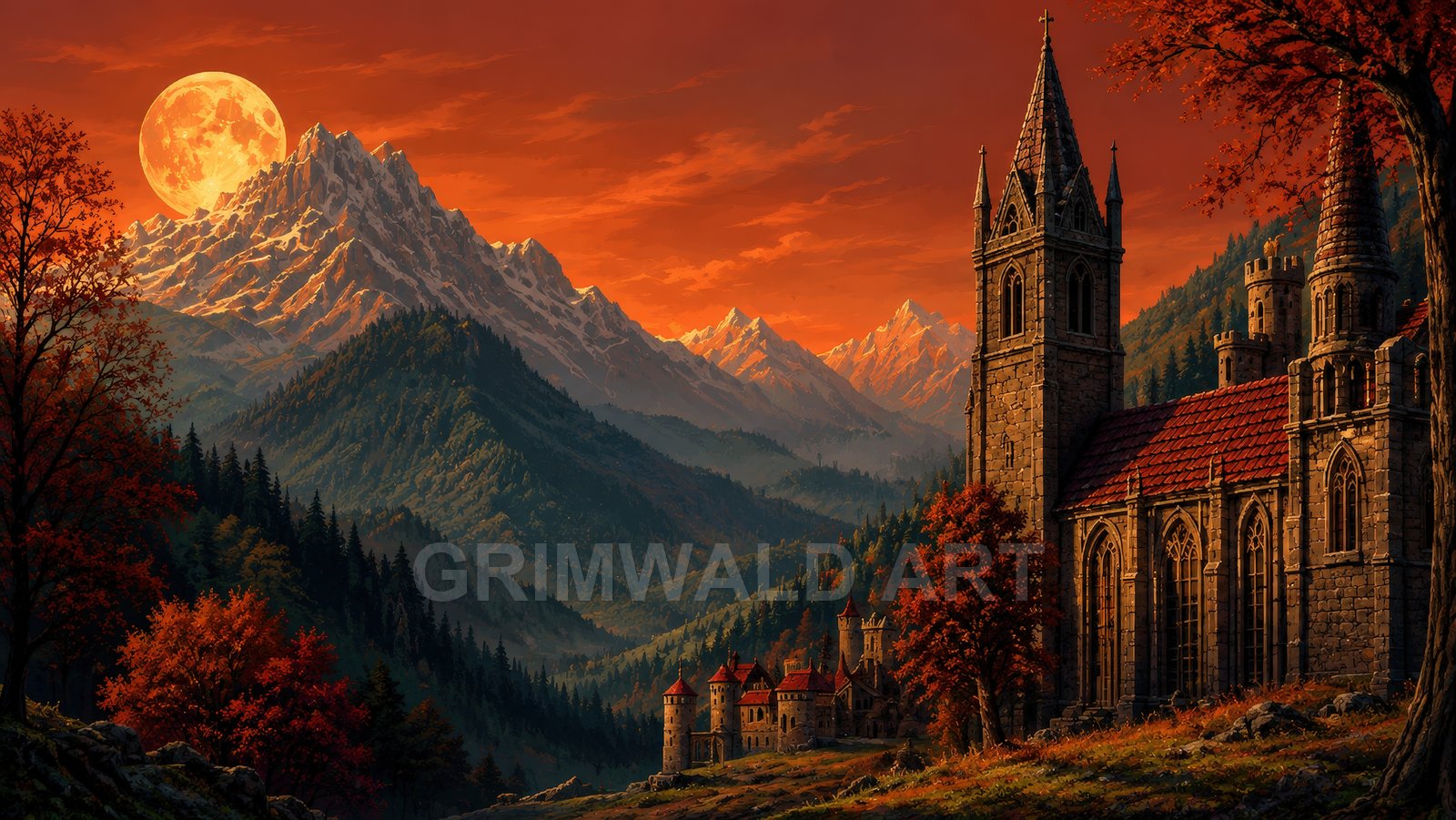 Gothic stone cathedral overlooking a forested valley and distant snow-capped mountains under an enormous orange full moon at sunset.