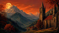 GRID THUMBNAIL — Gothic stone cathedral overlooking a forested valley and distant snow-capped mountains under an enormous orange full moon at sunset.