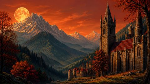 GRID THUMBNAIL — Gothic stone cathedral overlooking a forested valley and distant snow-capped mountains under an enormous orange full moon at sunset.