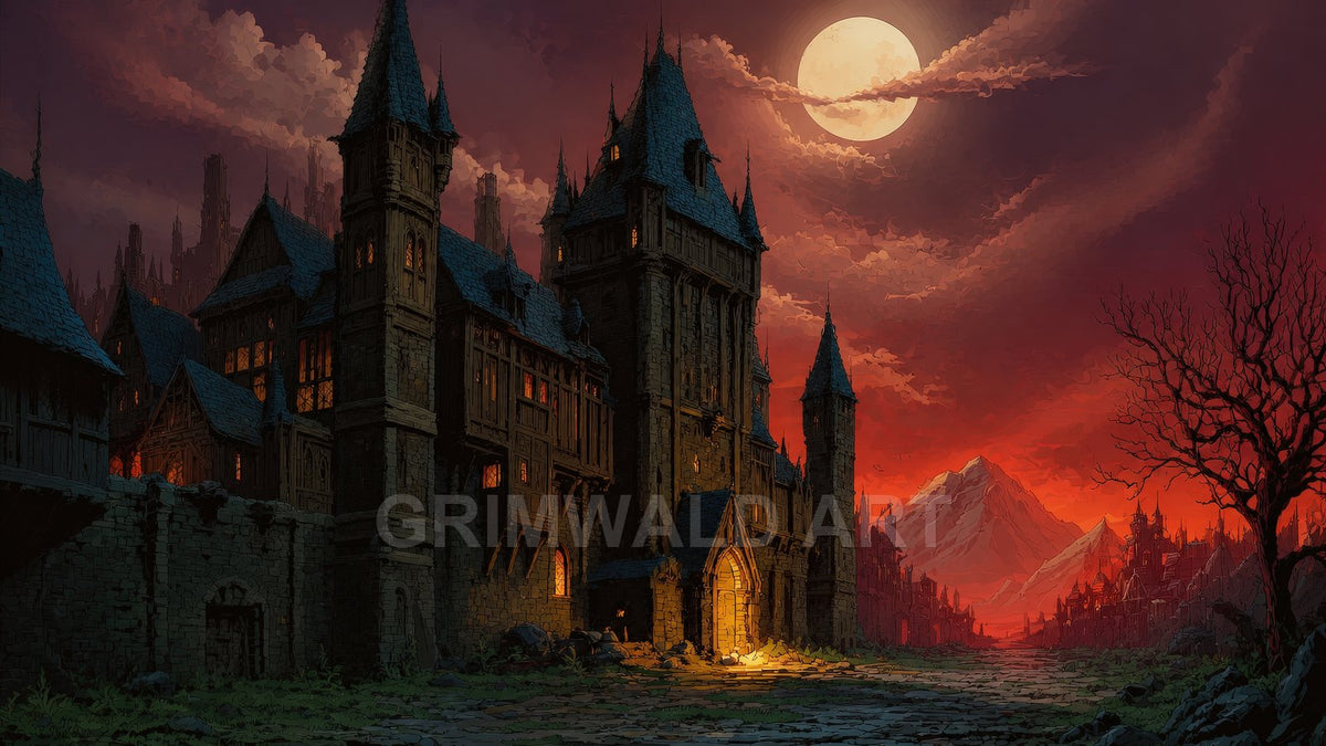 A gothic stone castle with lit windows under a full moon, red twilight sky and distant mountains, overlooking a deserted cobbled road.
