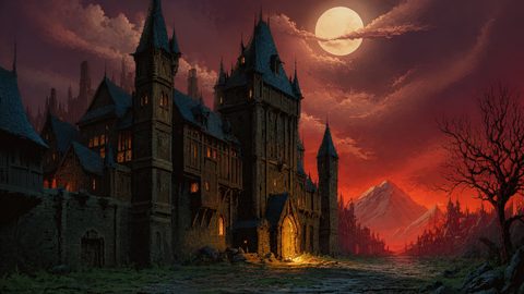 GRID THUMBNAIL — A gothic stone castle with lit windows under a full moon, red twilight sky and distant mountains, overlooking a deserted cobbled road.