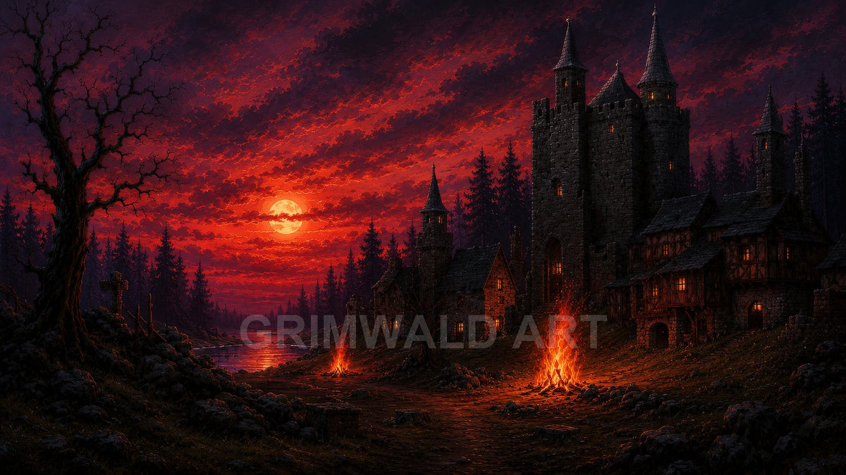 Medieval stone castle and village under a blood-red moon, pine forest silhouettes, river gleam, and blazing bonfires illuminating a dark, moody night.
