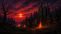GRID THUMBNAIL — Medieval stone castle and village under a blood-red moon, pine forest silhouettes, river gleam, and blazing bonfires illuminating a dark, moody night.
