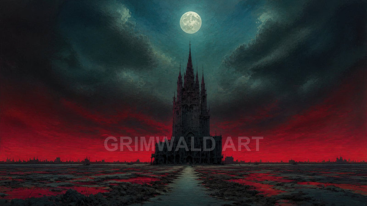 A towering gothic cathedral rises from a desolate plain beneath a full moon, framed by teal storm clouds and a blood-red horizon.