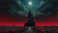 GRID THUMBNAIL — A towering gothic cathedral rises from a desolate plain beneath a full moon, framed by teal storm clouds and a blood-red horizon.
