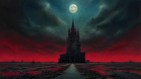 GRID THUMBNAIL — A towering gothic cathedral rises from a desolate plain beneath a full moon, framed by teal storm clouds and a blood-red horizon.