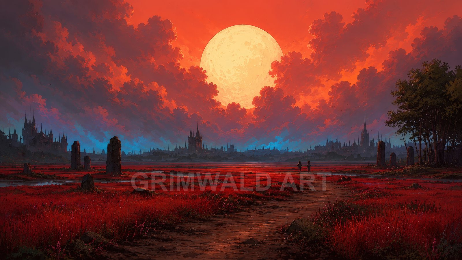 A vast red moor with standing stones and a winding path, distant spired city beneath a colossal glowing moon and dramatic sunset clouds.