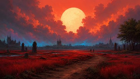 GRID THUMBNAIL — A vast red moor with standing stones and a winding path, distant spired city beneath a colossal glowing moon and dramatic sunset clouds.