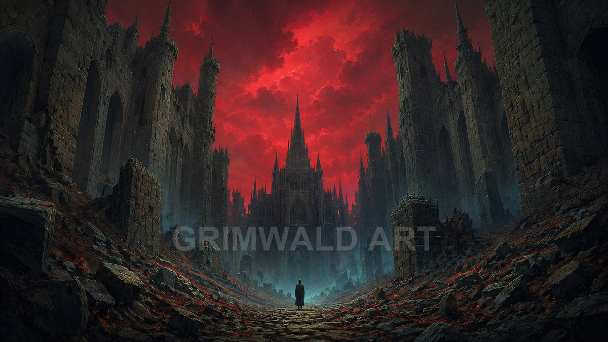 A lone figure stands on a rubble-strewn avenue facing a towering gothic cathedral amid ruined walls beneath a glowing blood-red sunset sky.