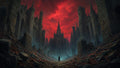 GRID THUMBNAIL — A lone figure stands on a rubble-strewn avenue facing a towering gothic cathedral amid ruined walls beneath a glowing blood-red sunset sky.