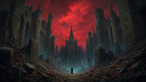 GRID THUMBNAIL — A lone figure stands on a rubble-strewn avenue facing a towering gothic cathedral amid ruined walls beneath a glowing blood-red sunset sky.