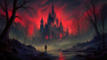 GRID THUMBNAIL — Gothic spired castle glows red beneath a blood-hued sky, reflected in a dark river, with barren trees framing a misty, foreboding landscape.