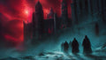 GRID THUMBNAIL — A towering gothic castle glows red beneath a blood-coloured sky as cloaked figures approach through blue mist over a snow-strewn path.