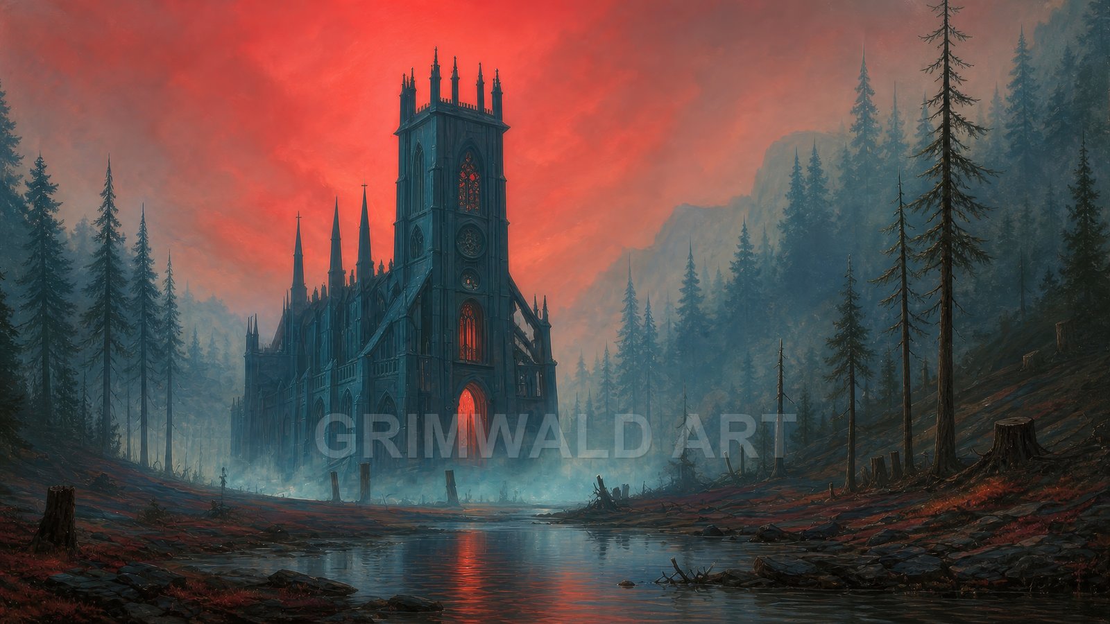 Gothic cathedral with glowing red windows stands in a misty pine forest beside a reflective river under a dramatic crimson sunset sky.