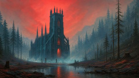 GRID THUMBNAIL — Gothic cathedral with glowing red windows stands in a misty pine forest beside a reflective river under a dramatic crimson sunset sky.